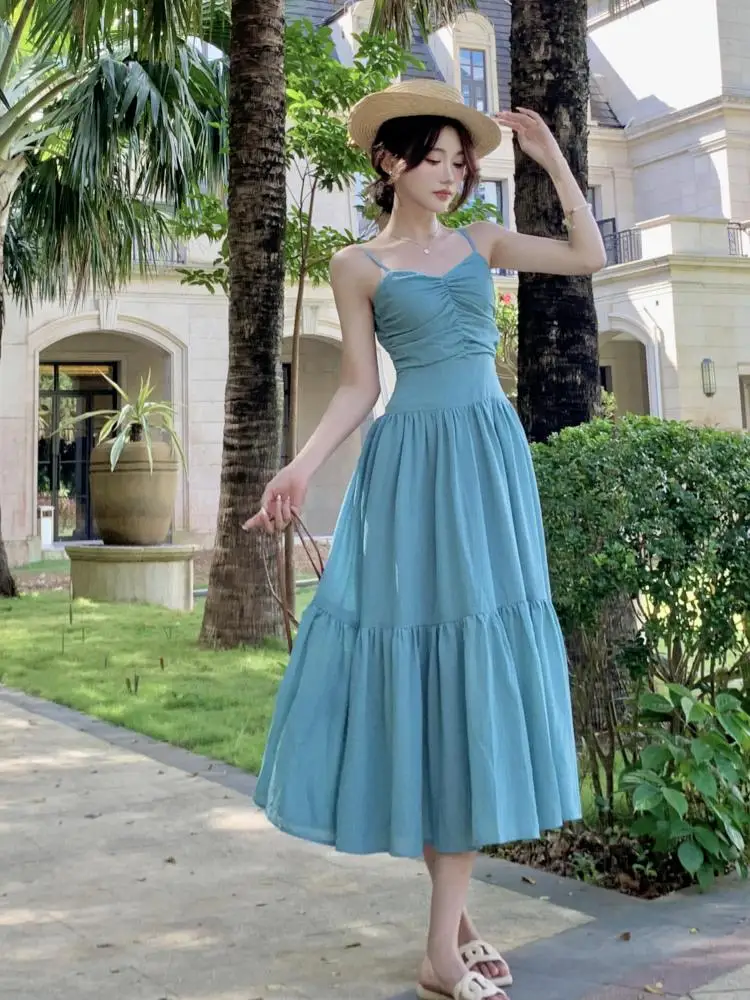 

Summer French Retro Blue V Neck Sleeveless Elegant Bandage Slip Long Dress Women's Sexy Backless Vacation Pleated Party Dresses