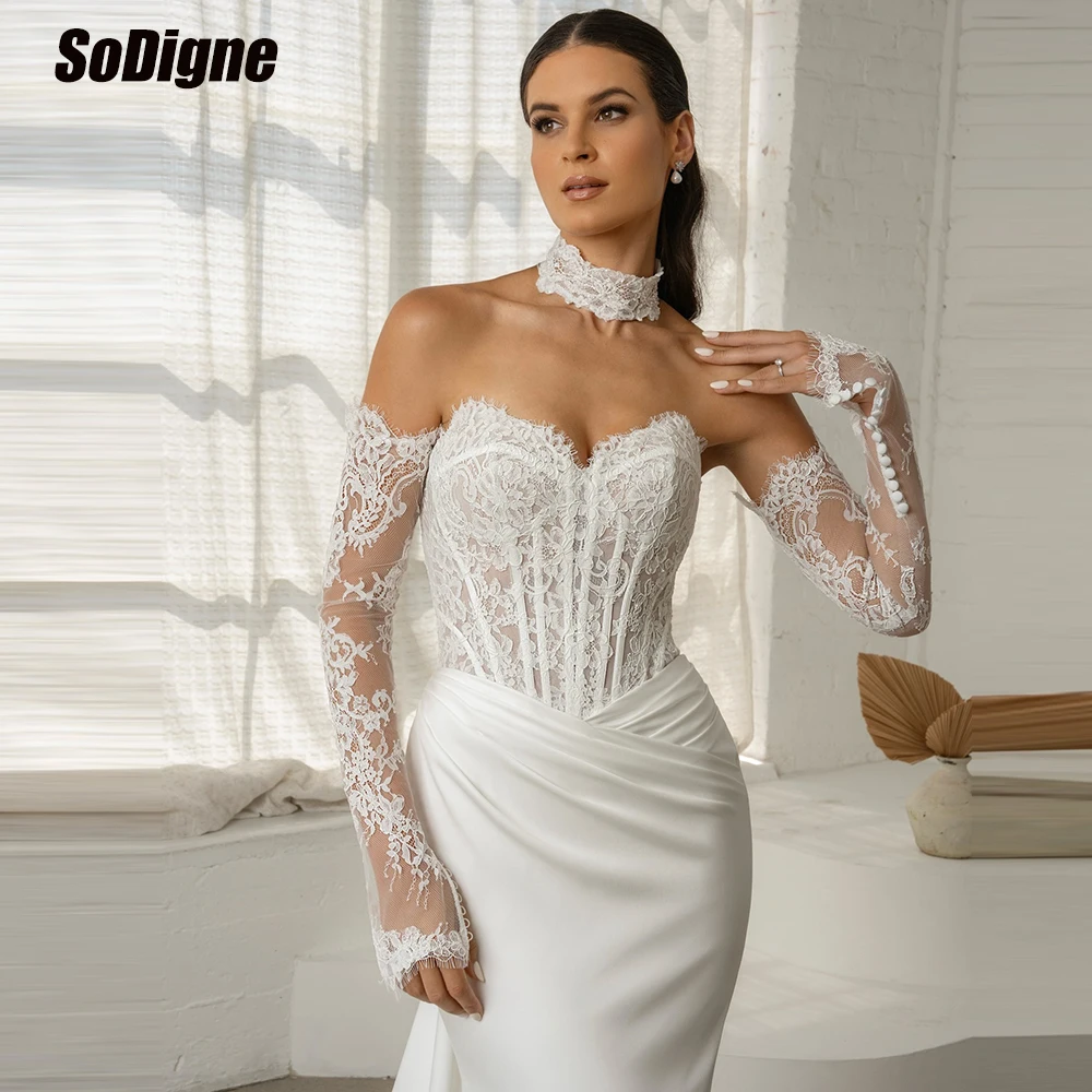 

﻿ SoDigne Mermaid Satin Wedding Dresses Sweetheart Detachable Sleeves Bridal Dress Bride Gown vestidos de novia Customized