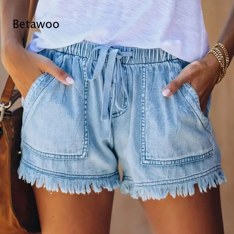 

Women's High Waist Denim Shorts with Elastic Drawstring and Frayed Hem, Casual Summer Jean Hot Pants in Multiple Colors