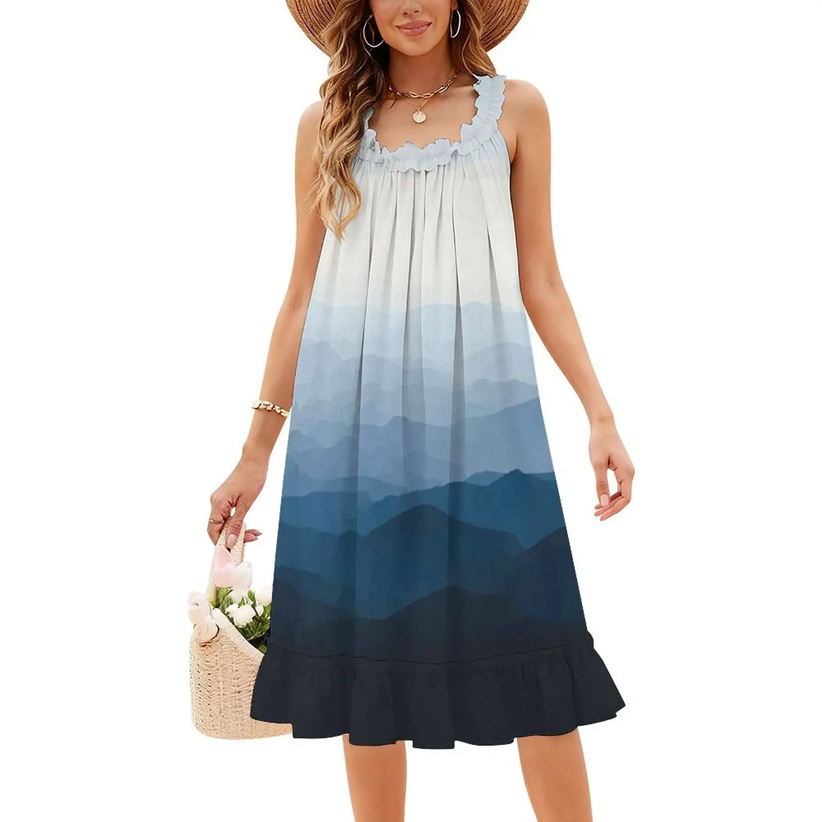 فستان Blue Misty Mountains على الطراز الكوري للنساء، فستان كاجوال أنيق للحفلات أو الارتداء اليومي، جبال زرقاء، طبيعة المناظر الطبيعية #4