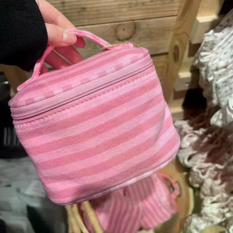 Flip-top With Mirror Makeup Bag Women Pink Striped Portable Zipper Cosmetic Travel Organizer Cute Sweet Handbag Toiletry Pouch