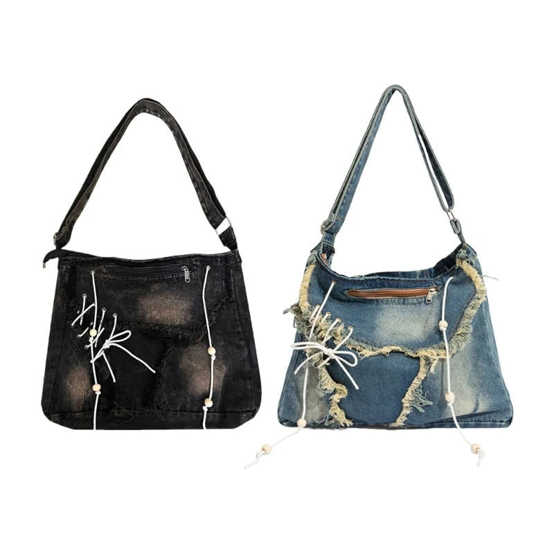 

Distressed Jeans Handbag Spacious Bandages Washed Denims Shoulder Bag for Women