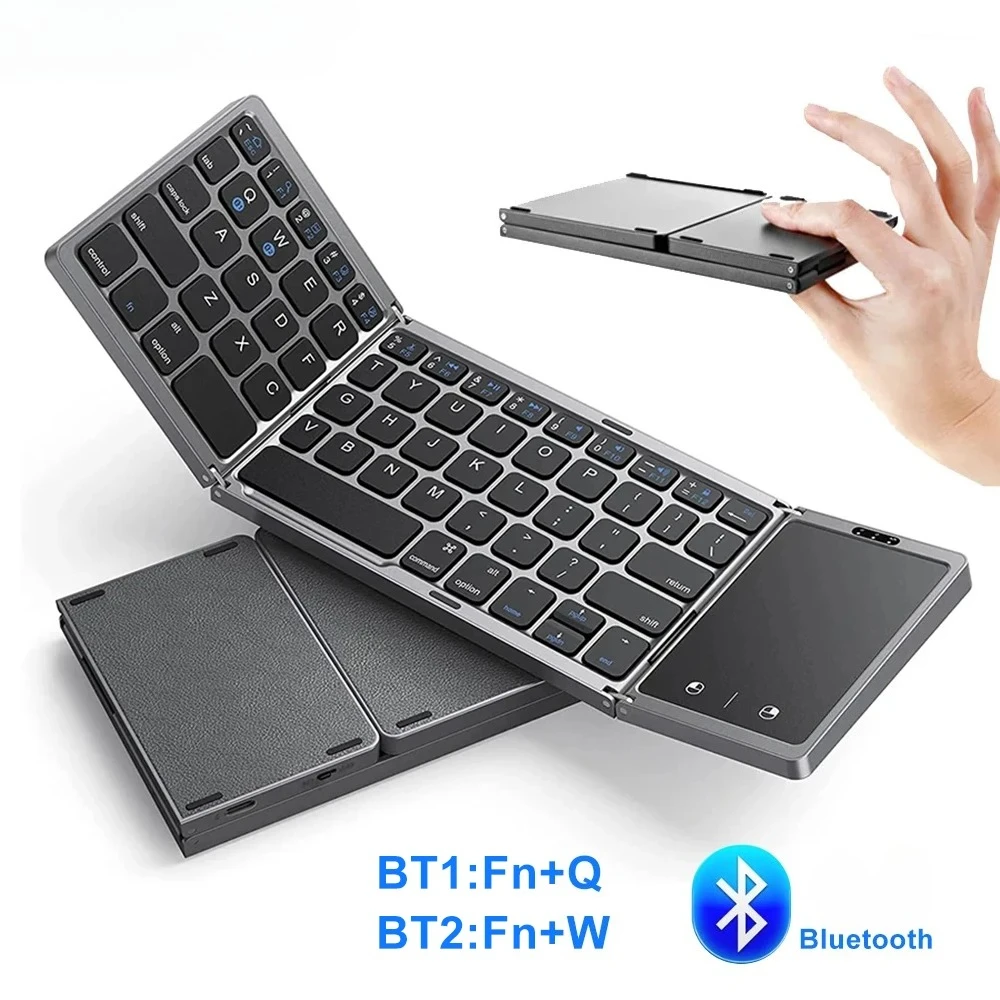3-Folding Keyboard Mini Wireless Keyboard Foldable Dual Bluetooth Keyboard with Touchpad for Windows Android IOS iPad Phone