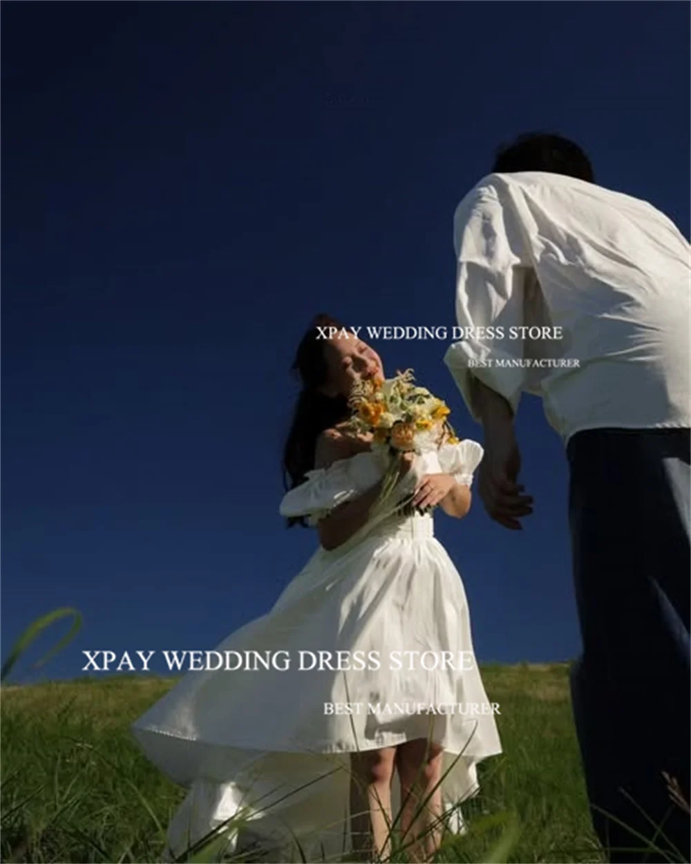 

XPAY Off Shoulder Puff Sleeves A Line Knee-Length Wedding Party Dresses Korea Photo shoot Satin Simple Short Customized 웨딩드레스