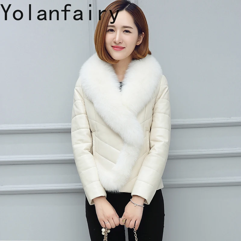 YOLANFAIRY معطف قطني من جلد الغنم الحقيقي للنساء لخريف وشتاء 2025 سترة من الجلد الطبيعي للسيدات بياقة من فرو الثعلب سترات دافئة قصيرة
