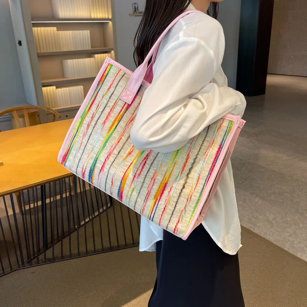 Rainbow Striped Canvas Totes for Women French Style Large Capacity Commuter Shoulder Tote Bags Casual Shopper Handbags