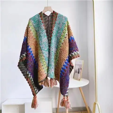 Poncho Knitted Cloak Knitted Cape Ethnic Style Capes Tassel Cardigan Sweater Color Loose Vintage Striped Women Travel Coat