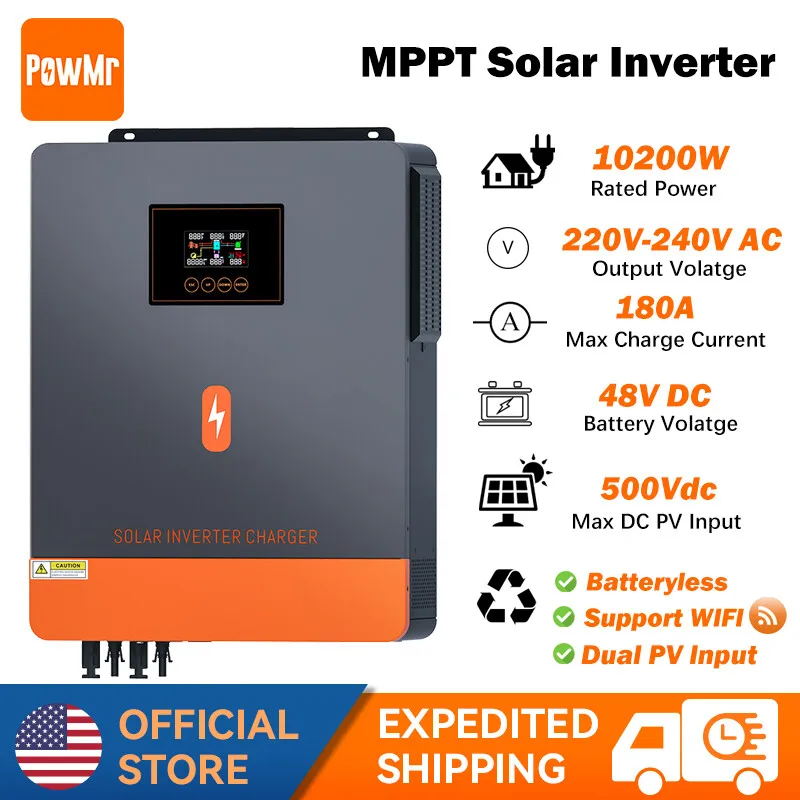 

PowMr 10200W 48V Гибридный инвертор Off Grid AC 220V 180A MPPT Контроллер зарядного устройства Off Grid Чистая синусоида Солнечный инвертор с WIFI