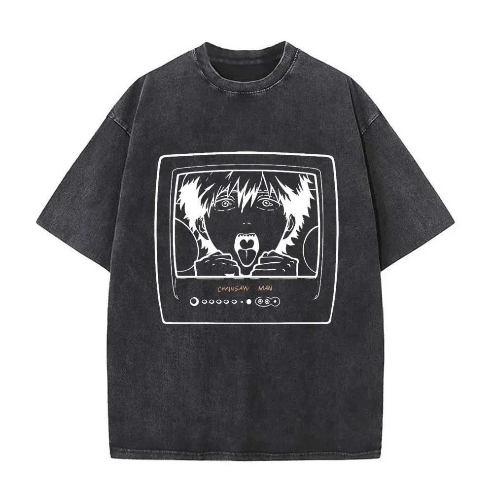 غسلها خمر أنيمي بالمنشار رجل تي شيرت مضحك التلفزيون Denji Pochita مانغا الجرافيك تي شيرت الرجال النساء فضفاض المتضخم القطن تي شيرت