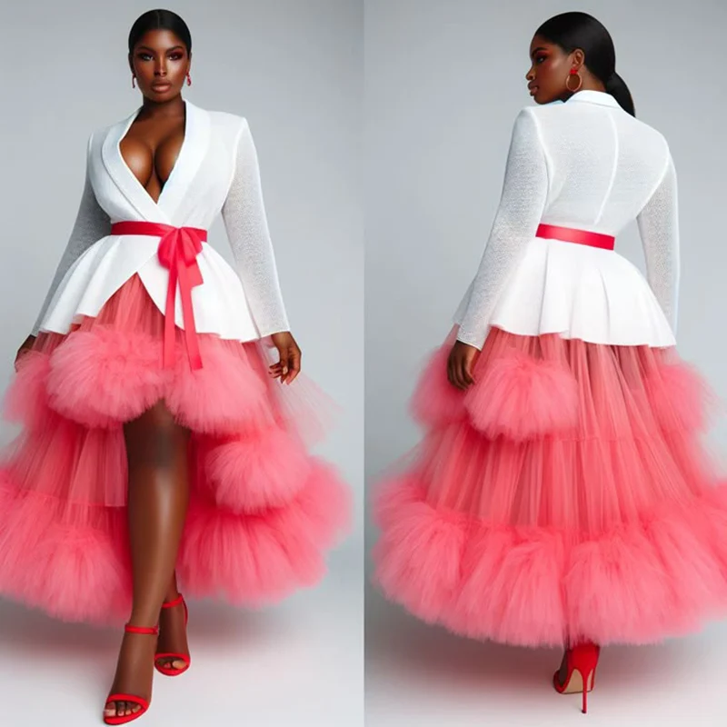 

Pink Puffy High Low Skirt High Waist Puffy Tiered Ruffles Tulle Girls Birthday Party Formal Wear Lady Fashion Skirt 2025