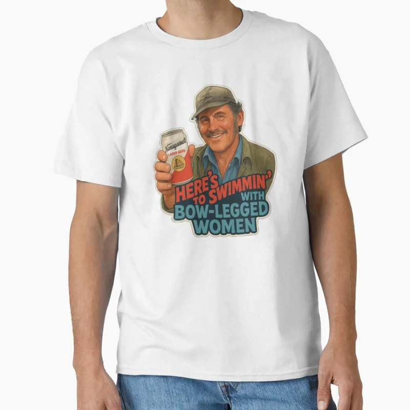 

Here's to Swimmin – Quint Jaws Movie 80s Horro movie Great White Shark Movie 1975 gift T-shirt Large size Tops S-6XL mens tee