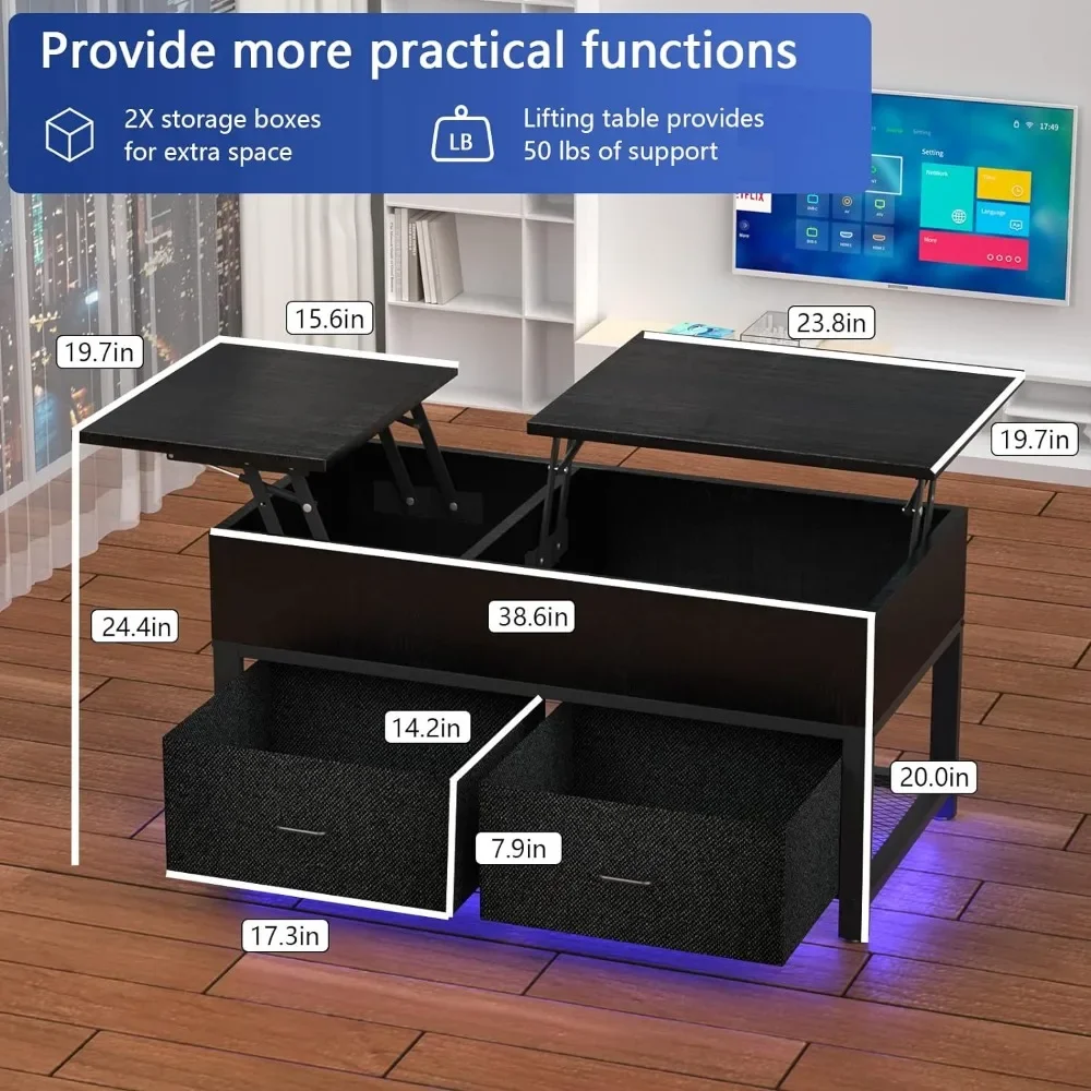 Table basse avec rangement, tables centrales carrées modernes avec port de charge USB, 39.4 po