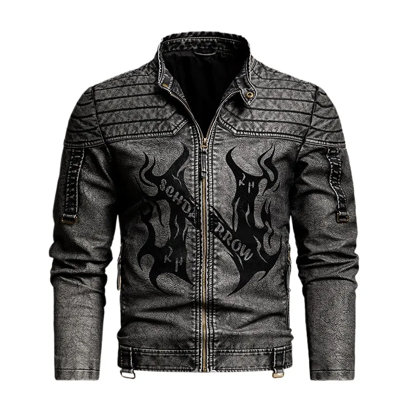 Men's Fashion Leather Biker Jacket High Street Vintage Printed PU Motorcycle Rider Coat Retro Windproof Moto Outerwear