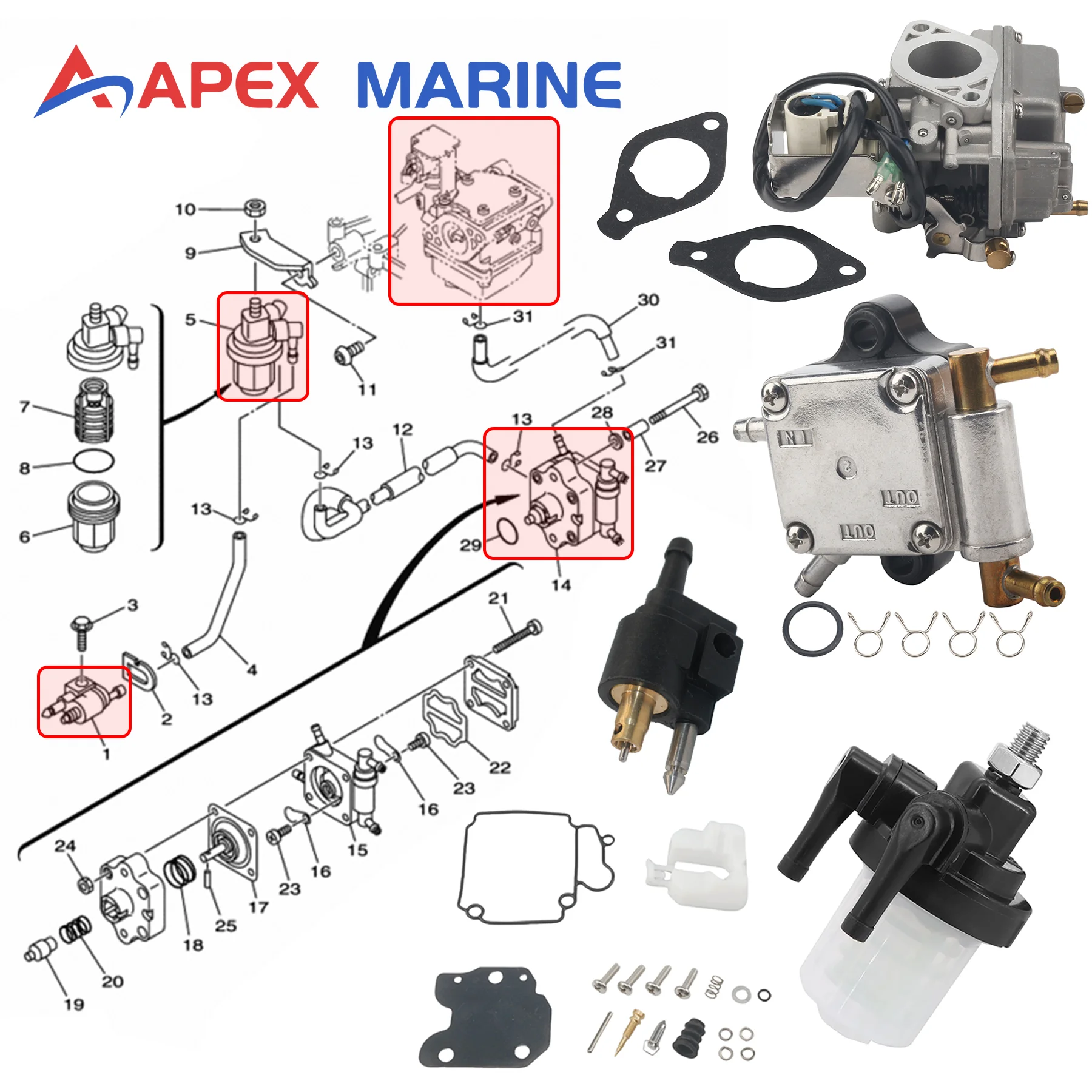 Kit de réparation et d'entretien du système de carburant pour moteurs hors-bord Yamaha Parsun 4 temps 15HP 20HP F15 F20, pièces de moteur de bateau 6AH 61N 6G1