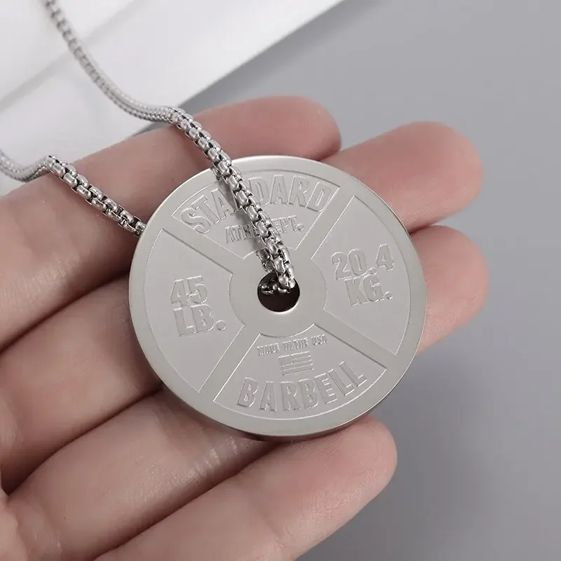 Stainless Steel Fitness Dumbbell Pendant Necklace Weight Plate Barbell Chain Pendant for Men Youth Weightlifting Fitness Jewelry