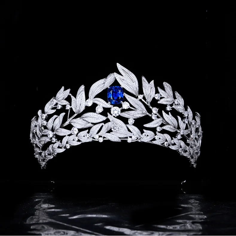 

Luxury Cubic Zirconia Wedding Bridal Tiara Crown Leaves Big Women Prom Hair Jewelry Accessories Platinum Plated CH10268BLUE