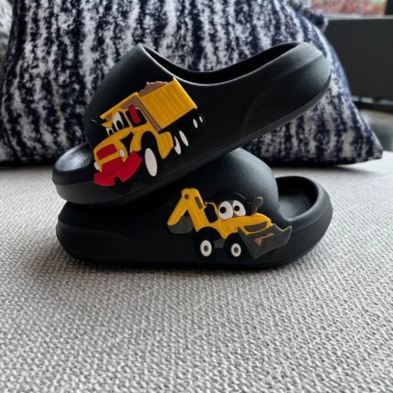 Unisex Kids' Cartoon Excavator Tank EVA Slippers Soft Sole Indoor Non Slip Bath Safe Parent Child Matching Sandals