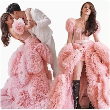 

New Pink Colored Yarn Dress Photography Shop Theme clothing Outdoor Landscape Wedding Dress Front short and back long