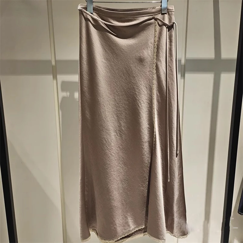 

Элегантная длинная приталенная юбка-миди из шелкового атласа с кружевом и поясом, глянцевая, с эффектом «рыбий хвост», женская, премиум-класса, из полиэфирного волокна