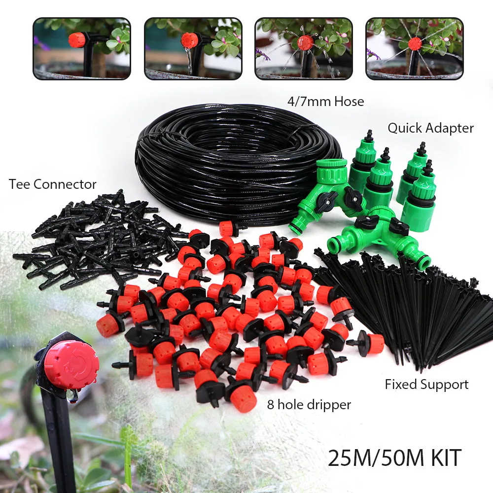 

25/50M Automatic Garden Irrigation Watering System Vegetables Flowers Drip Kit Adjustable Nozzle 1/4'' PVC Hose Coupling Adapter