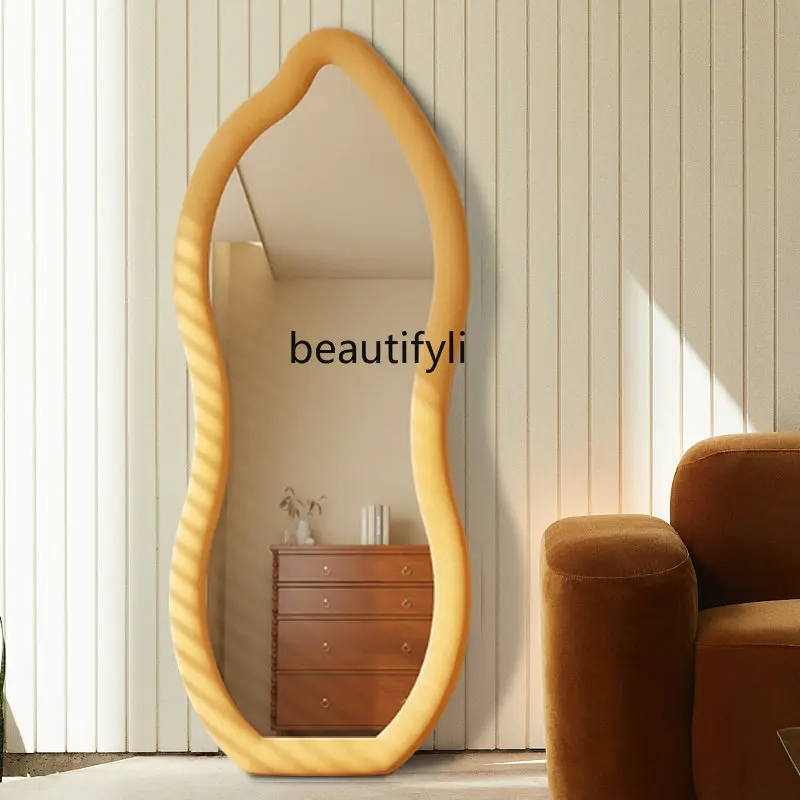 

yj Cream Style Floor Mirror Special-Shaped Simple Home Floor Full-Length Mirror Bedroom Wall Hanging Full-Length Mirror