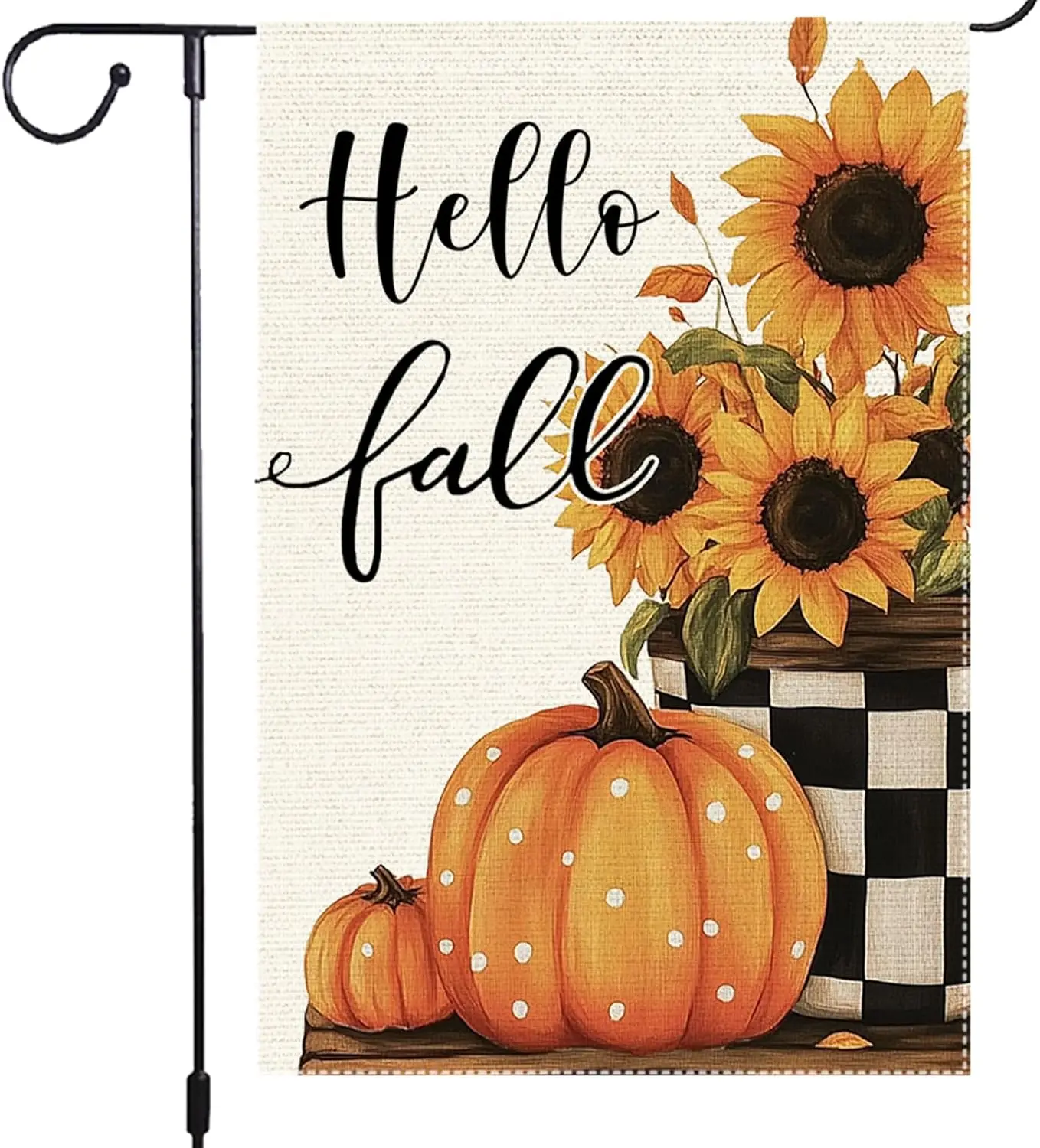 Bandera de jardín de Hello Fall, tarro de albañil de girasoles, banderas de jardín de 12x18 pulgadas, arpillera de doble cara, cuadros de búfalo, decoración exterior, otoño T KKW