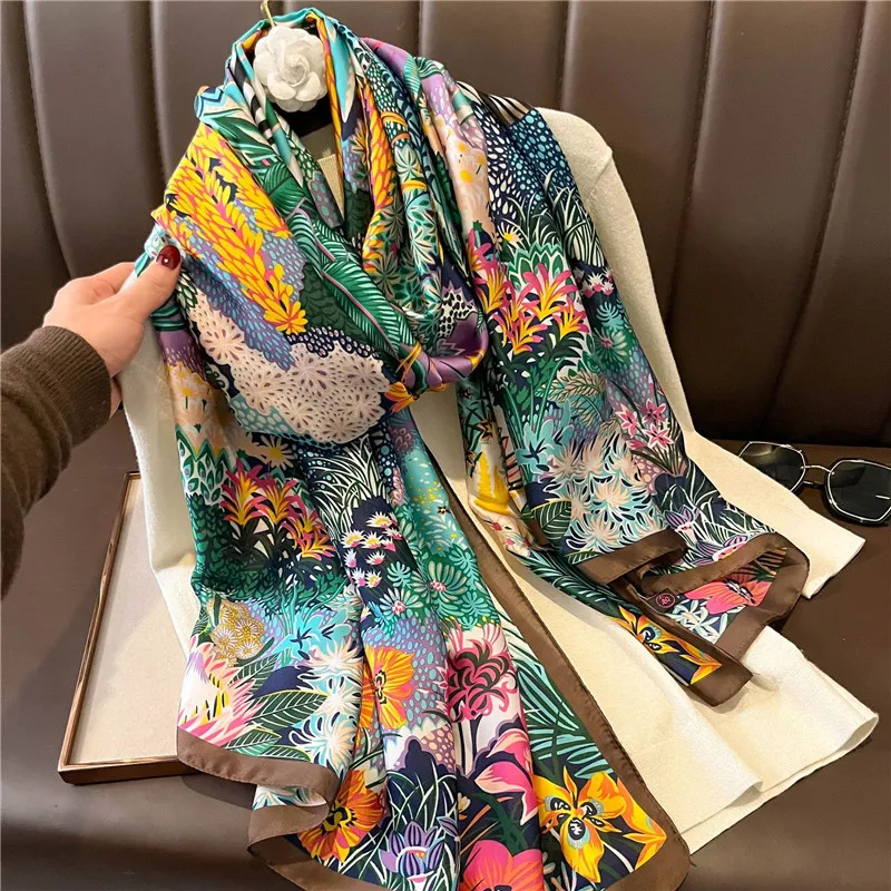 Vintage Green Lotus Print Silk Scarf Women Elegant Shawl Classic Outdoor Windproof Satin Head Wrap Travel Beach Towel 180*90Cm