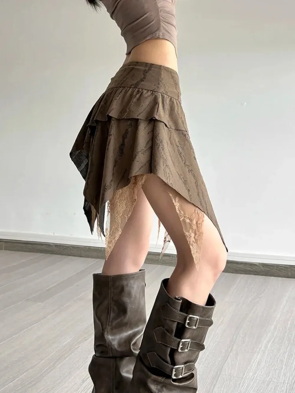 

Women High Waist Stretch Skinny Mesh Patchwork Skirt Irregular Ruched Elegant Fashion Streetwear Party Bottoms