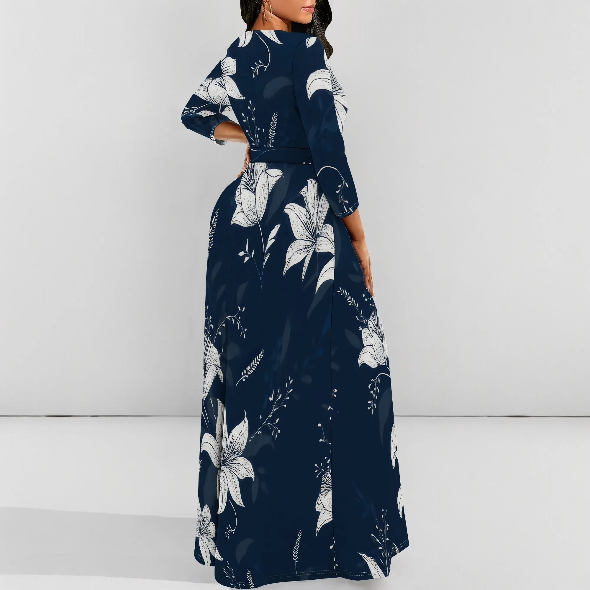 Abiti lunghi da donna con stampa floreale estivi con tasche Abito lungo casual con maniche a 3/4 e scollo a V e cravatta in vita