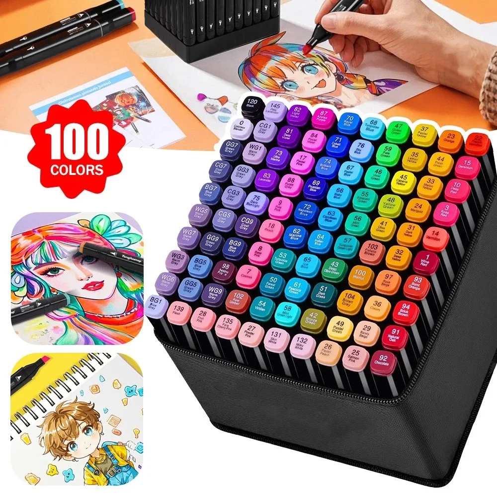 100 stylos marqueurs à double pointe, design à double extrémité 1 mm + 6 mm, rendu des couleurs élevé pour la peinture, le dessin, la conception de mangas, excellent cadeau pour un anniversaire, Noël, le Nouvel An, l'art manga, les essentiels pour le croquis, le dessin de précision