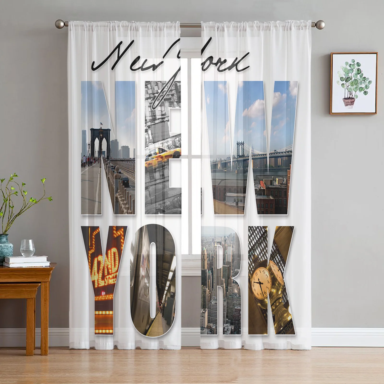 

New York English Text Landscape Sheer Curtains for Living Room Bedroom Kitchen Chiffon Tulle Curtains Home Hotel Coffee Decor