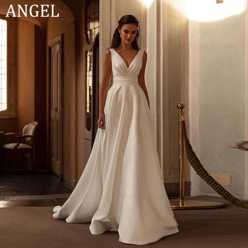 ANGEL-Vestido de novia moderno con cuello en V, personalizado, sin mangas, de satén, sencillo, corte en A, sin espalda, cola de barrido