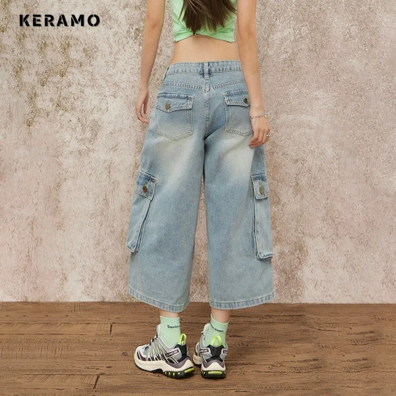 Casual Eclectic ตรงกางเกงยีนส์กางเกงผู้หญิง Y2K Grunge 2000s Street Retro เอวสูงกางเกงยีนส์ Vintage กระเป๋าลูกวัวความยาวกางเกง