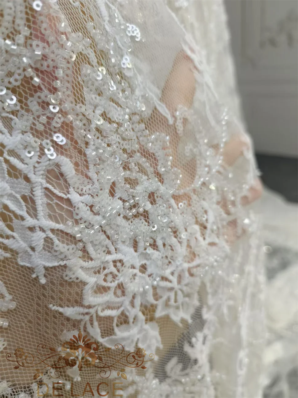 High Quality French Chantilly Lace With Sequins Soft  Eyelash Chantilly Fabric With Beaded Wedding Dress Lace Fabric