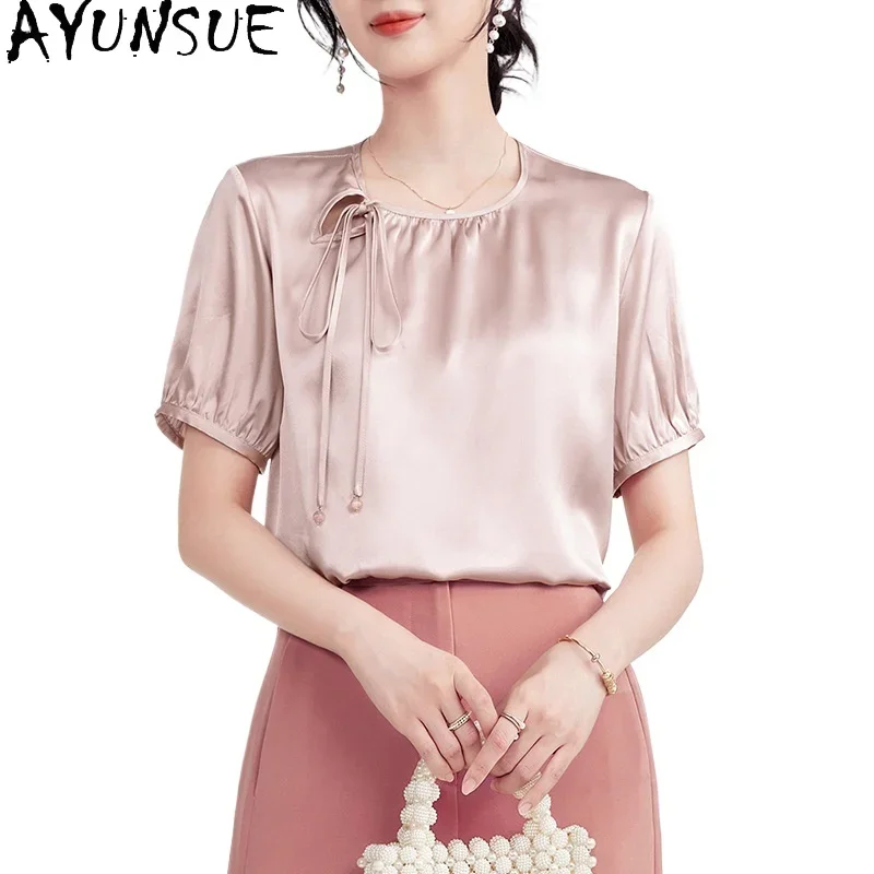 AYUNSUE 100% Real Mulberry Silk T Shirts for Woman Luxury 2024 Casual Tops Summer Women Clothing Essentials Solid Top Camisetas