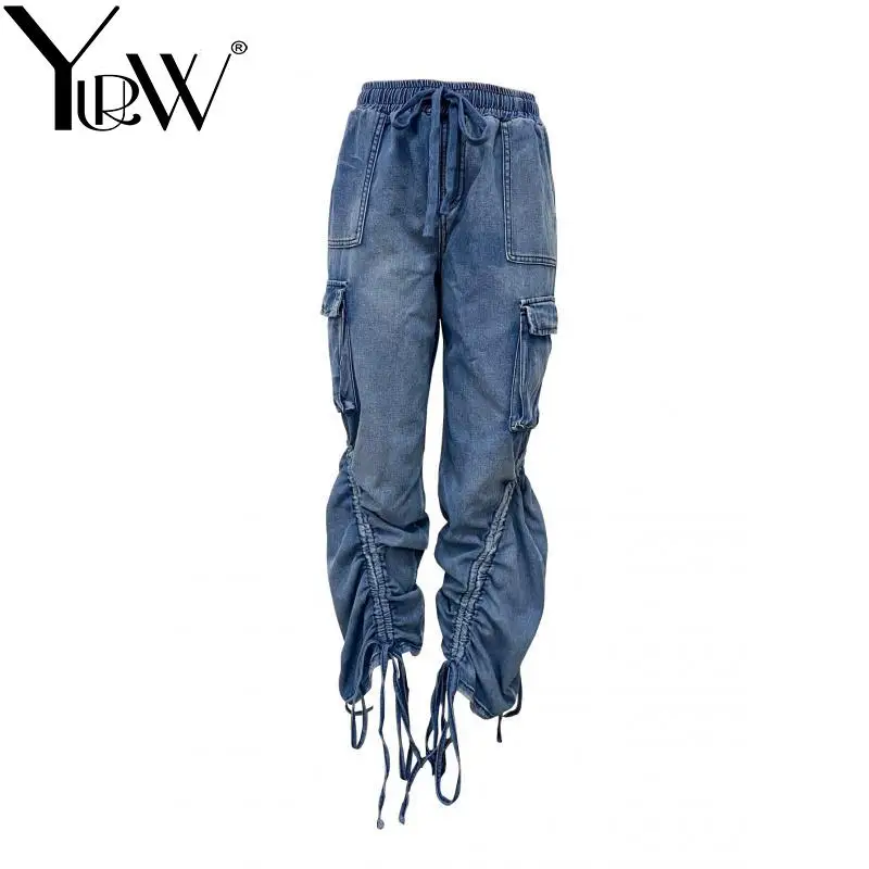 

YUERWAN Women Jeans 2025 Autumn Fashion New Solid Elastic Waisted Loose Casual Long Jeans All Match Long Denim Pants Trousers