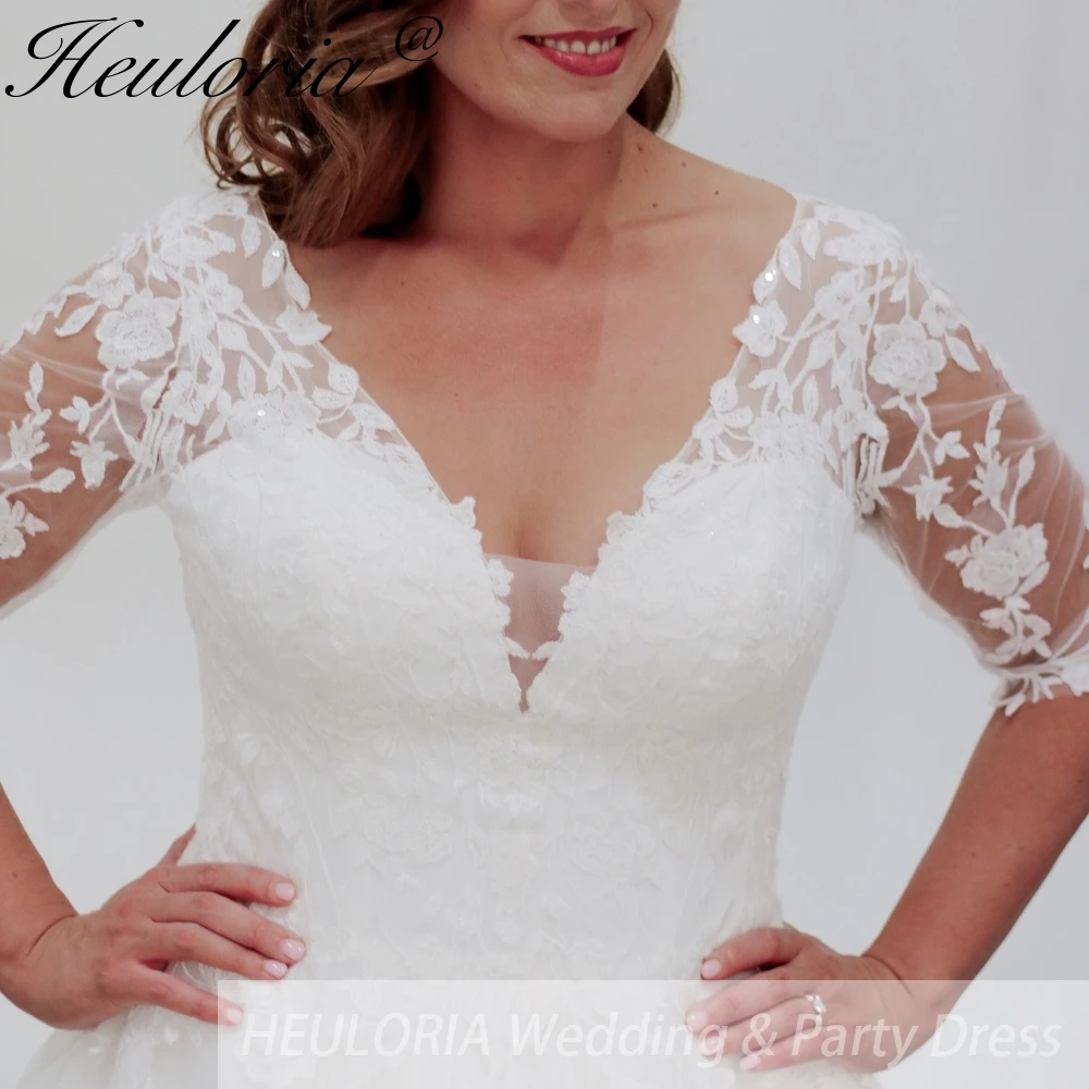 Gaun pengantin ukuran besar HEULORIA, model V-neck, lengan setengah, renda, rok organza, model A-line, Robe De Mariee.