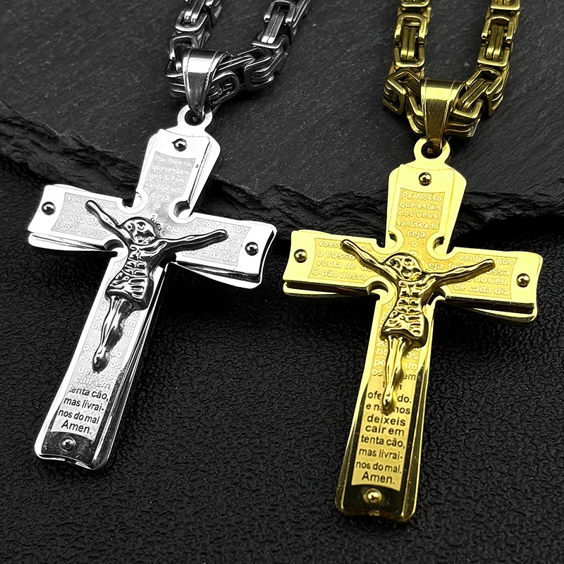 

Christian Portuguese Bible Jesus Cross Necklace Cruz Pendant for Men Women Stainless Steel Gold Color Punk Chain Jewelry Gift