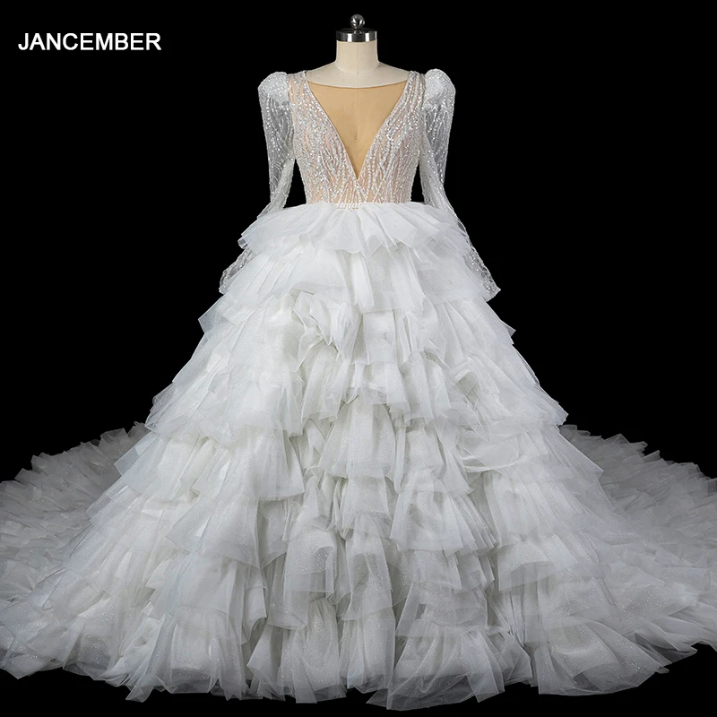 Jancember Deep V-neck Full Sleeves Organza Sequins Ball Gown Court Train Zipper Illusion Romantic Wedding Dress LSDZ96