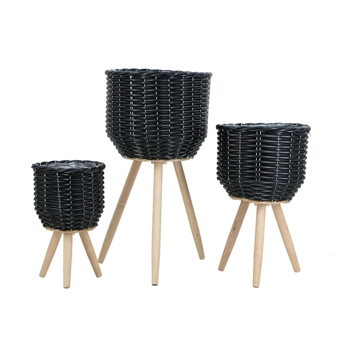Set of 3 Black Poly Rattan Baskets with Rope Texture and Tapered Wooden Legs, L:12x12x23.5" M:10x10x17.5" S:8x8x13.5"
