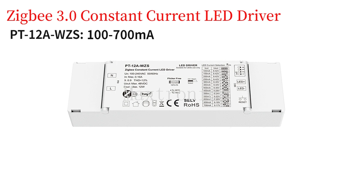 10-42VDC 12W Zigbee 3.0 Constant Current LED Driver 100-700mA/ 2x(150~450)mA for Downlight Spotlight And Decorative Applications