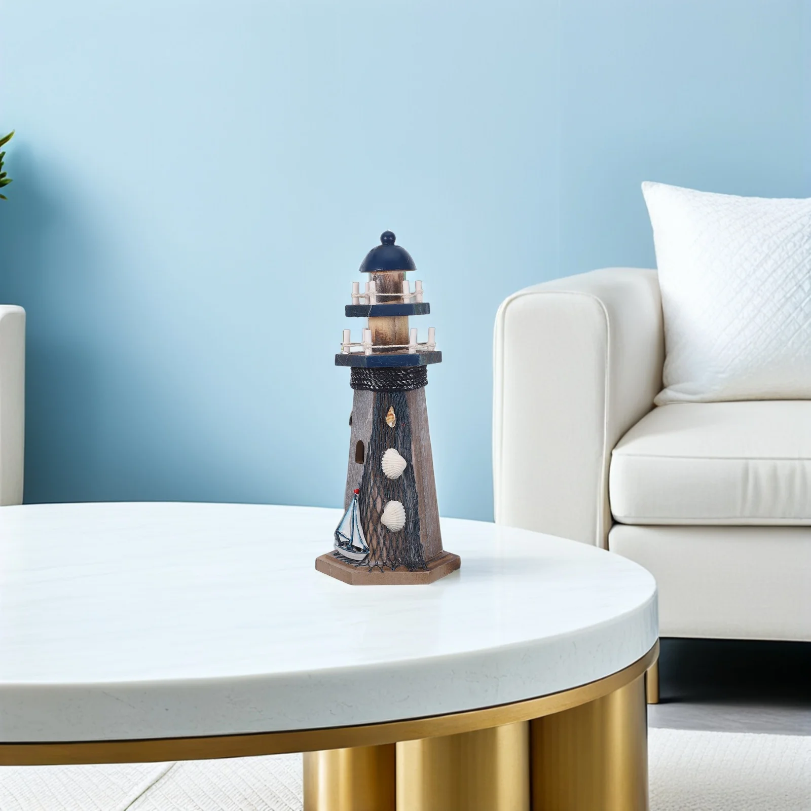 

Wooden Nautical Lighthouse Ornament Mediterranean Style Sail Boat Tabletop Sculpture Ocean Theme Party Decor Handcrafted Coastal