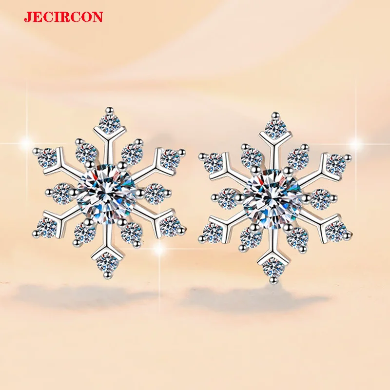 

Серьги-гвоздики JECIRCON из стерлингового серебра S925 с муассанитом и снежинками, муассанит 0,5 карата со сверкающими цирконами — идеальный рождественский подарок