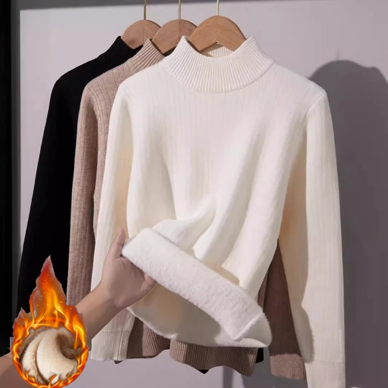 2025 Autunno Inverno maglione a collo alto donna elegante addensare foderato in velluto caldo suéter lavorato a maglia pullover caldo versatile top in maglia