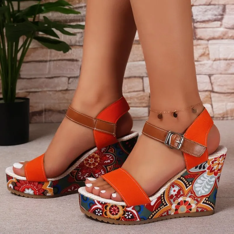 Wedges Sandals Women High Heels Shoes Print Random Platform Slippers 2024 New Summer Fashion Pumps Walking Dress