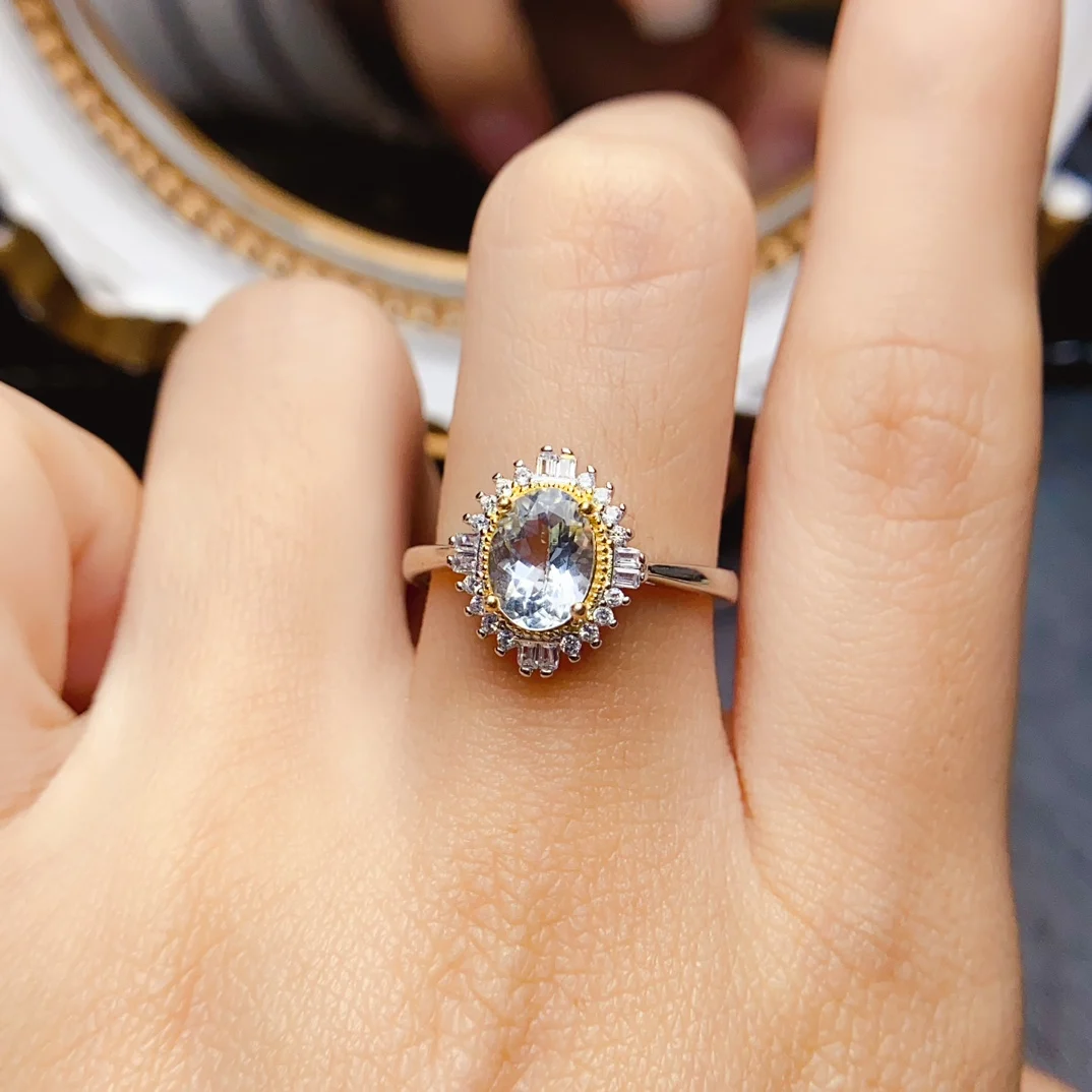 FS 6*8mm Natural Aquamarine Ring S925 Sterling Silver Fine Charm Weddings Jewelry for Women Certificate MeiBaPJ Christmas Gift