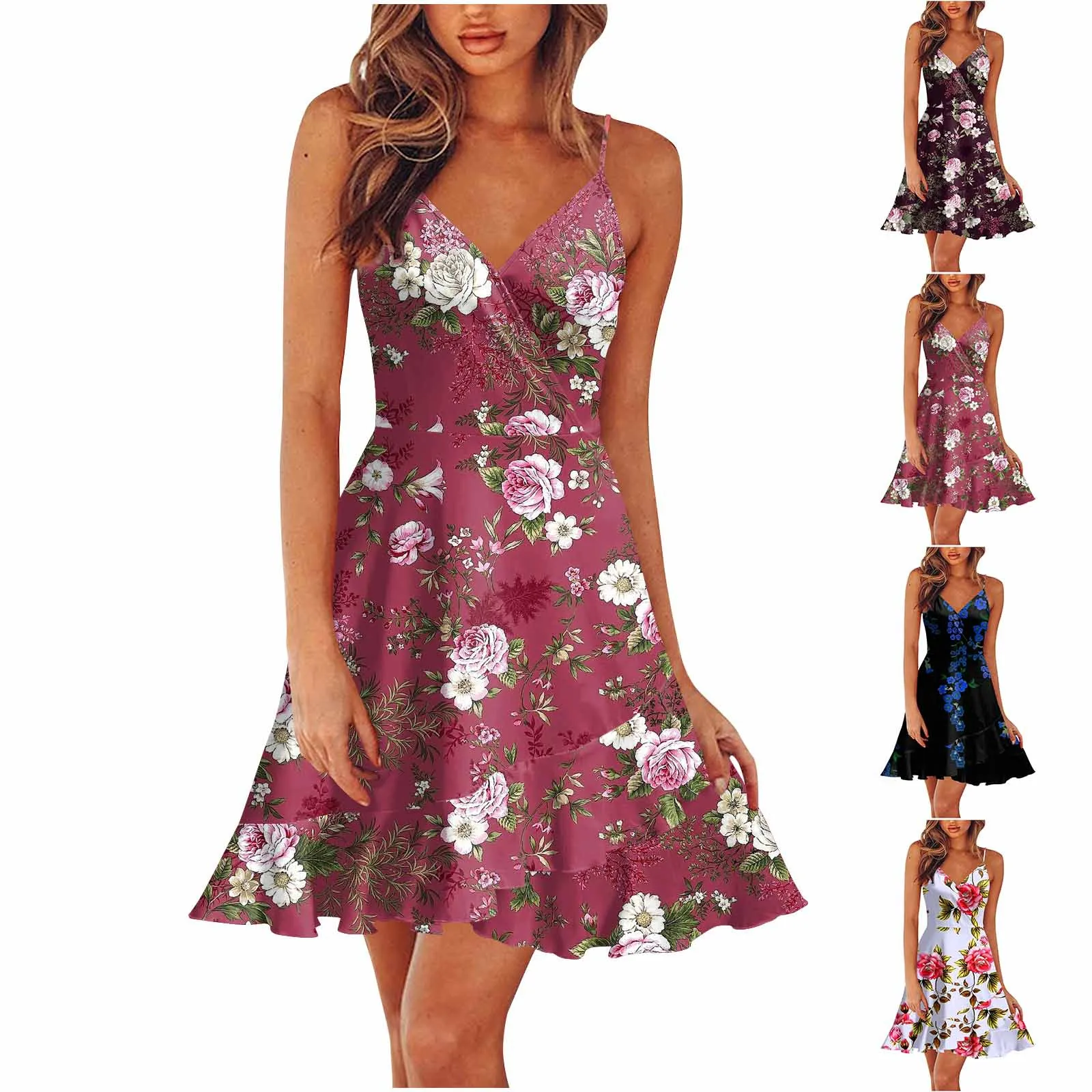 New 2024 Summer Rose print dress Women Mini Print Dress Casual Fashion Sleeveless Party Evening Mini Women\'s Dress Vestidos
