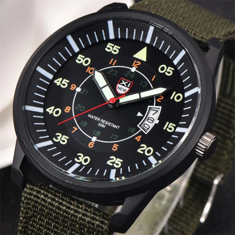 Fashion Luminous Dial Green Nylon Strap Watch Men Military Sports Watches Men Auto Date Quartz Wristwatches XINEW Heren Horloge