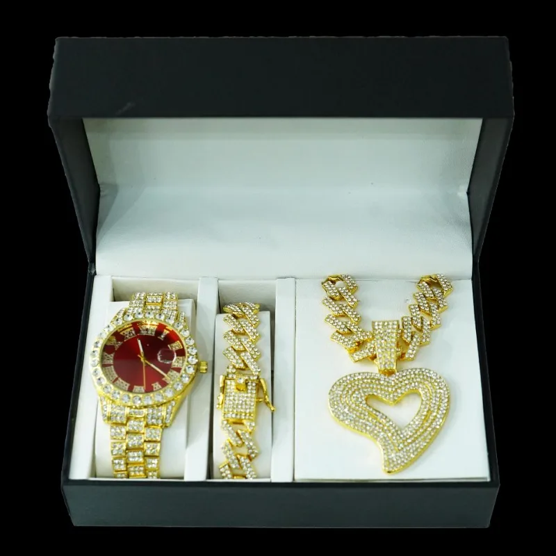 Men's Hip Hop Jewelry Set - Hollow Heart Pendant Necklace Bracelet Watch Combo - Luxury Gift Box - Urban Streetwear Accessories