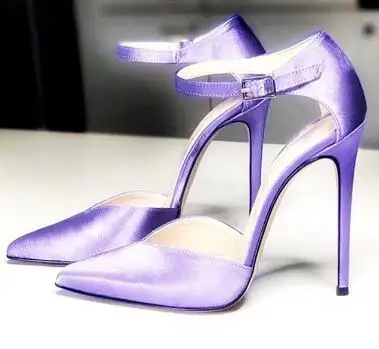 Royal Blue Lavender Hot Pink Black Silk Pointed Toe Cuts Out Ankle Buckle Strap Hollow Stiletto Heels Summer Sandals Party Shoes